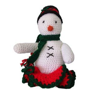 Christmas Snowman Snowwoman Hand Crochet Centerpiece EUC